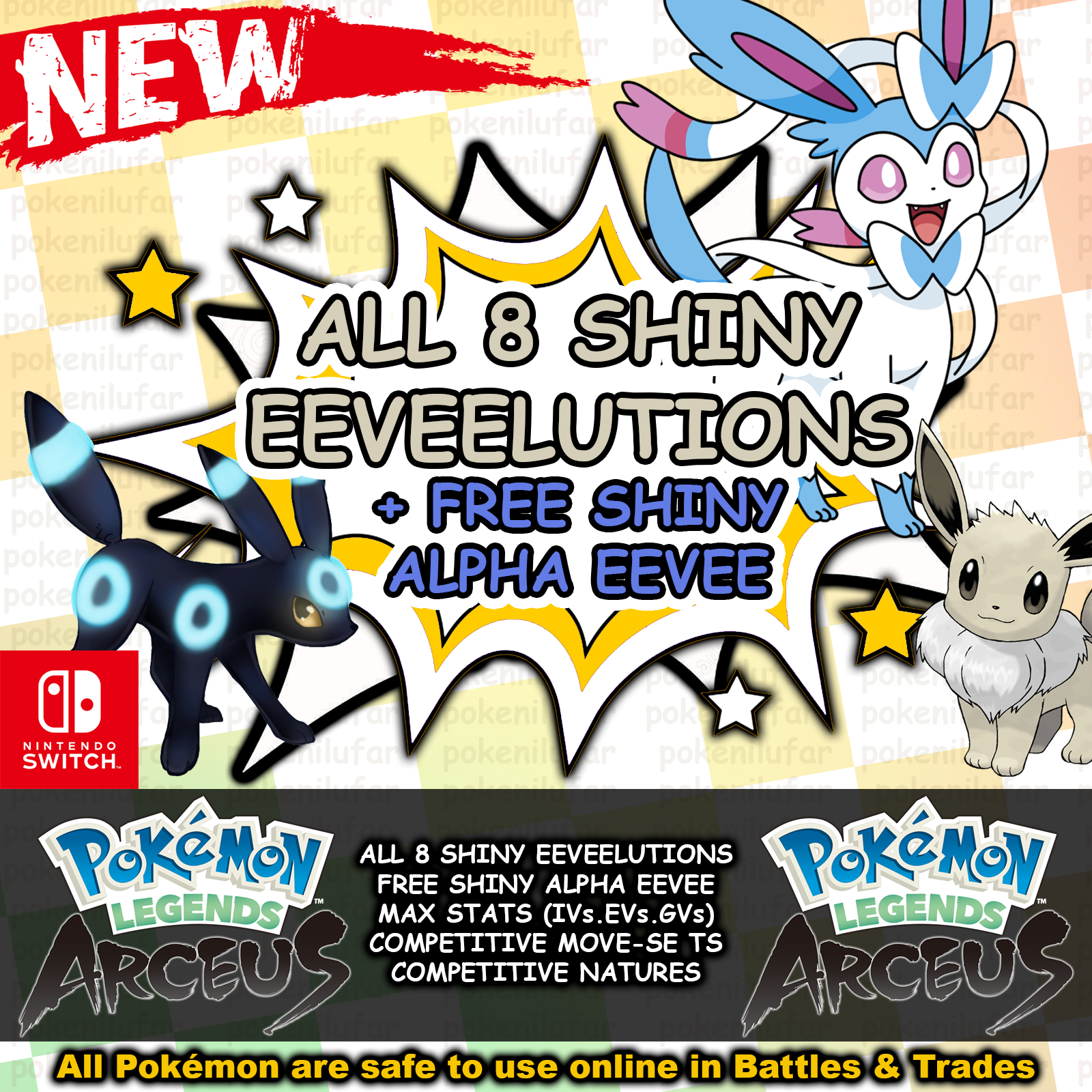 Pokemon Legends Arceus SHINY ALPHA EEVEE EVOLUTION LV.20 Bundle (x9) ✨ 6IV  Maxed